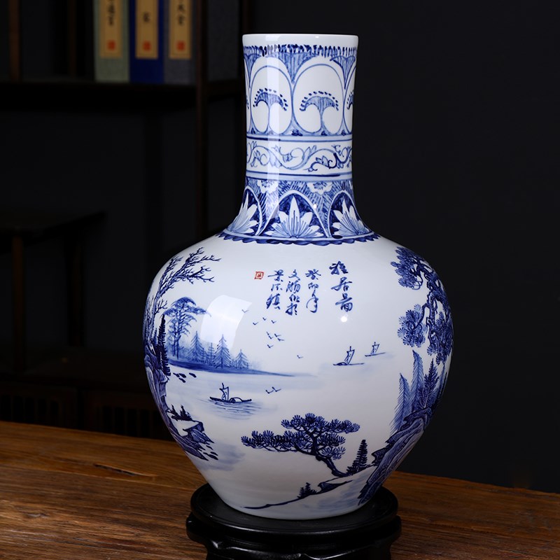 景德镇仿古手绘青花陶瓷花瓶 家居收藏天球花插摆件 客厅装饰品