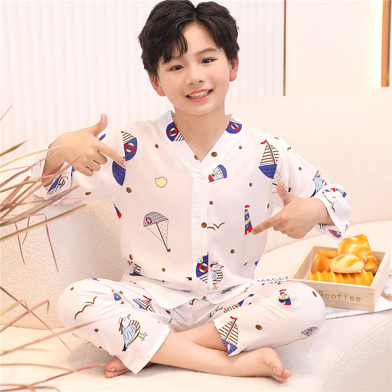 儿童睡衣男童春秋季长袖棉绸薄款卡通男孩中大童开衫家居服套装夏,童装/婴儿装/亲子装,家居服套装,淘宝优惠券,粉丝福利购,淘宝优惠卷