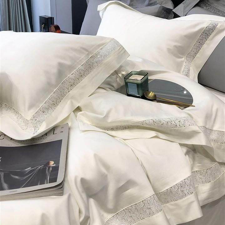 高端轻奢贡缎长绒棉四件套简约大气全棉刺绣被套纯色极简四季床品