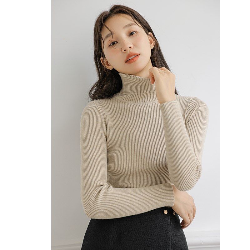 高领针织衫女2024秋冬新款长袖修身加厚打底衫上衣黑白色内搭毛衣