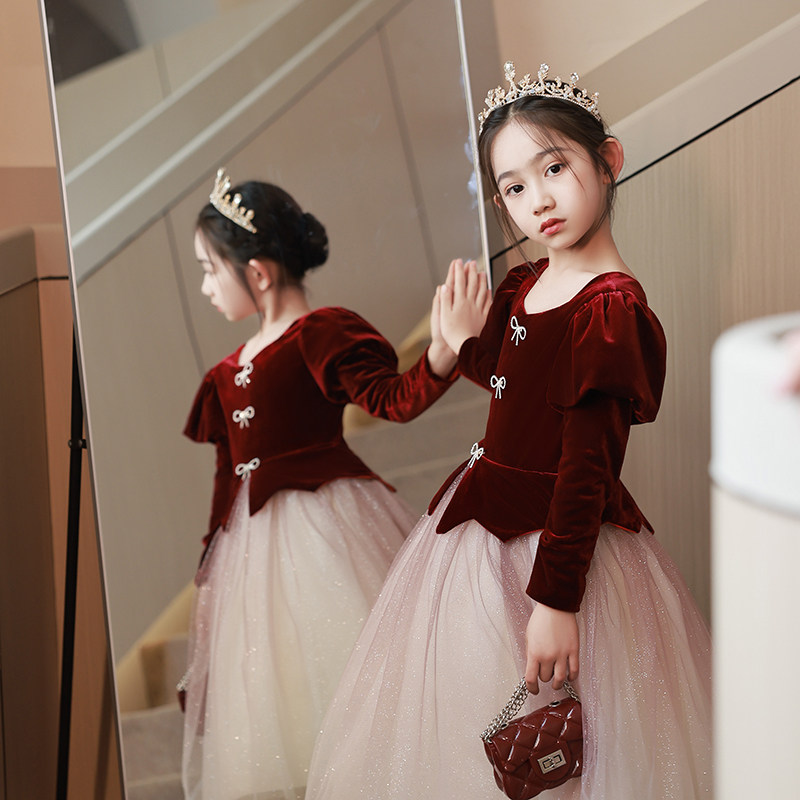 花童公主裙儿童婚纱主持人晚礼服钢琴演出洋气女童长袖高端连衣裙