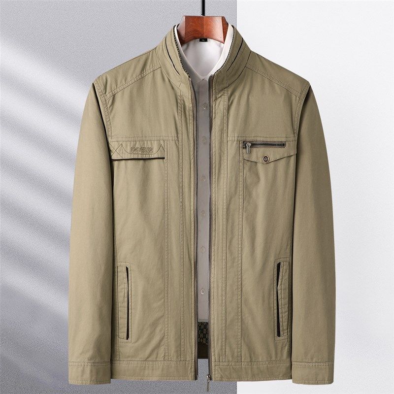 春季中年男士立领薄款夹克衫爸爸装纯棉外套秋装全棉老人衣服宽松