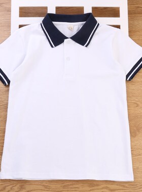 学生校园服白色POLO衫T恤夏季中小学生校服短袖宝蓝领子透气上衣