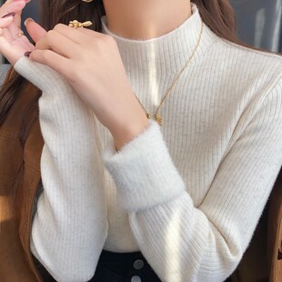 蓝色加绒加厚针织打底衫女秋冬内搭2024新款半高领毛衣高级感上衣