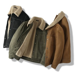 夹克外套潮 短款 王簰麂皮绒加绒加厚复古男装 秋冬休闲翻领时尚