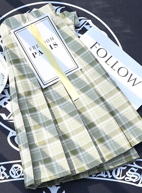 格子百褶裙女秋冬新款高腰a字显瘦夏小个子黄色短裙防走光半身裙