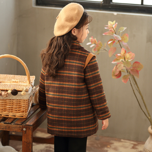 女童毛呢外套可爱复古2023冬季新款中大童中国风羽绒格子毛呢大衣