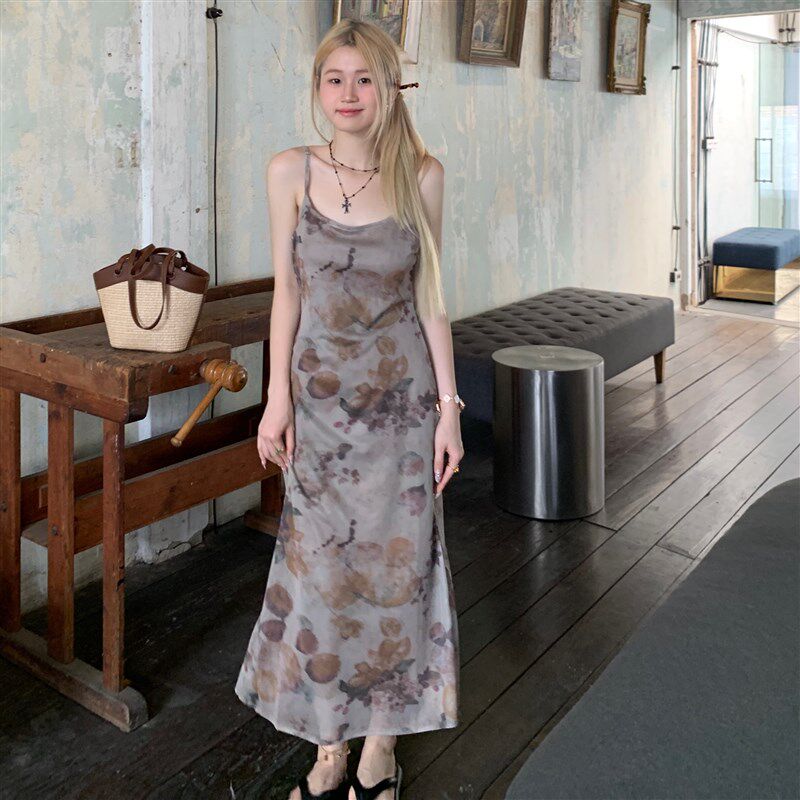 大码胖mm新中式古风碎花吊带连衣裙女气质包臀长裙针织外套两件套