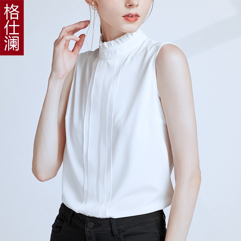 格仕澜2021秋冬新款衬衫立领木耳边上衣白色无袖雪纺衫背心打底衫