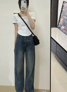 深蓝色牛仔裤女秋冬新款大码胖mm高腰宽松显瘦梨形身材阔腿直筒裤