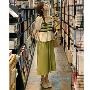 大码女装2023夏胖mm显瘦遮肚套装复古镂空方领露锁骨上衣+半身裙