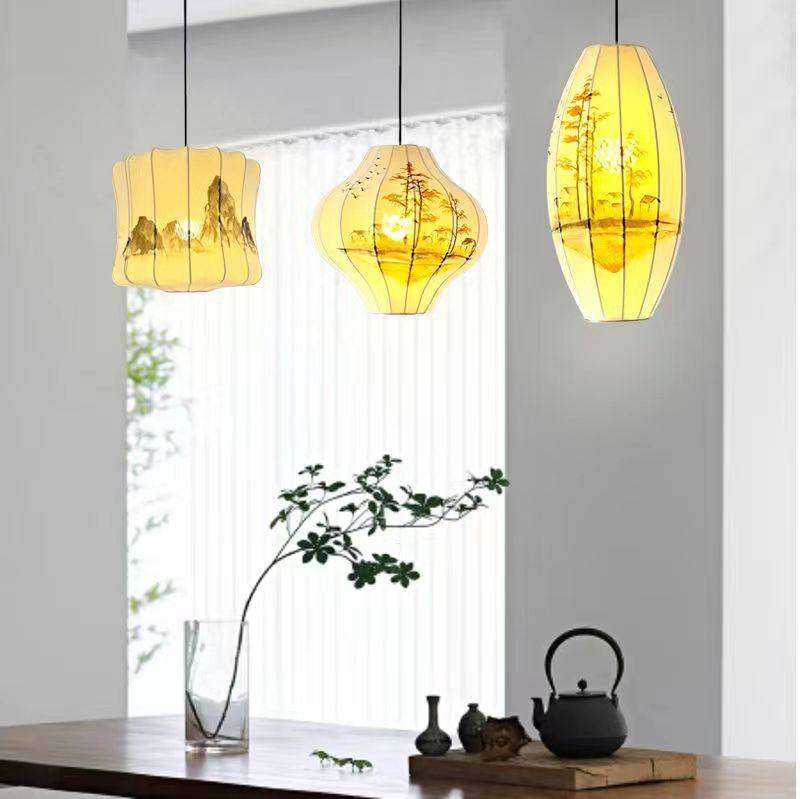 新中式绘画餐厅吊灯禅意中国风民宿吧台茶室饭店日式布艺灯笼吊灯,家装灯饰光源,餐厅吊灯,淘宝优惠券,粉丝福利购,淘宝优惠卷