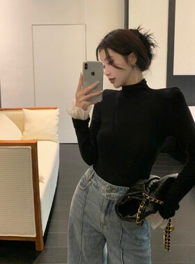法式黑色高领长袖打底衫t恤女秋冬季新款内搭修身显瘦喇叭袖上衣