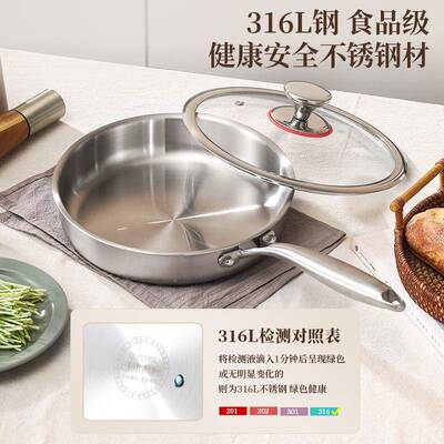 316L无涂层不锈钢平煎锅底家炒锅加厚炒炉灶通用菜牛316L钢煎排用