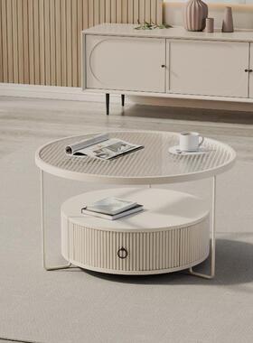 奶风岩板圆形设钢化VDV间玻璃茶油几家用客厅简约计款带收纳空小