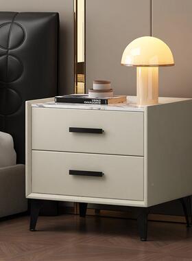 PIY床头柜岩板质皮实木简床边柜现代轻约奢卧小柜子小型收纳室家