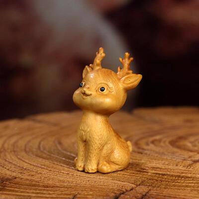 黄杨小木雕梅花PLV鹿摆可爱鹿木质雕刻件一鹿平安手把件居汽车家