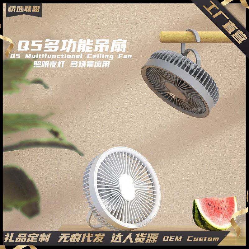 新品露营小吊扇带LED照明夜灯二合一USB充电桌面可悬挂小台扇