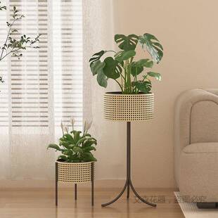 temu仿藤编花架现代轻奢日式客厅阳台室内铁艺落地绿植花盆架