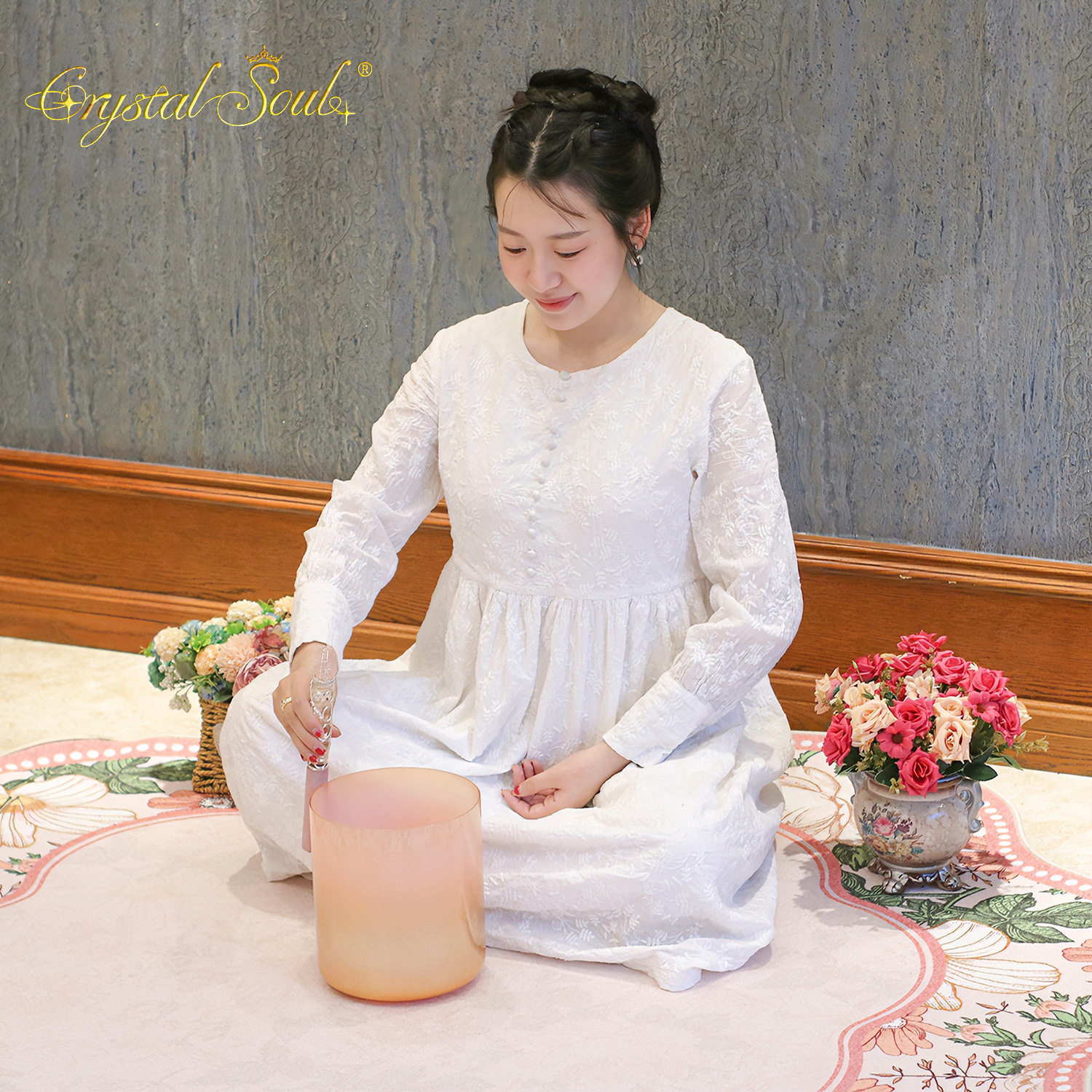 晶灵6-9英寸432Hz水晶钵专业颂钵橙色渐变天然石英瑜伽辅助乐器