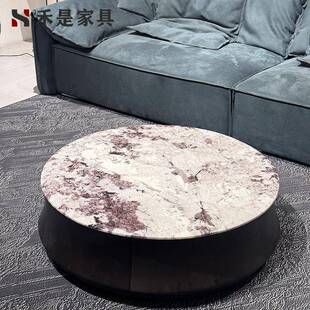 意式轻奢设计师高级感雪山飞狐大理石圆形茶几组合极简约家用客厅