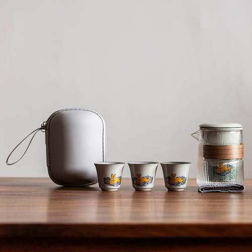 快客杯一壶三杯陶瓷旅行茶具便携式收纳包套装便携露营户外茶具