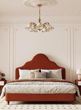 美式法式复古风丝绒布艺床现代简约砖红色高级感主卧高背公主大床