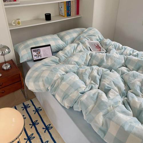小清新蓝大格子纯棉水洗棉四件套全棉床单被套床笠学生宿舍三件套