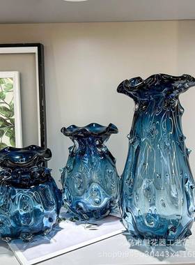 轻奢简约艺术琉璃花瓶餐桌蓝色插花器玄关创意克莱因蓝色装饰摆件