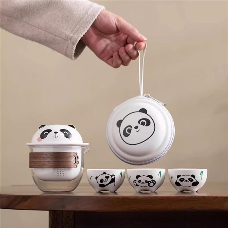 熊猫旅行茶具套装陶瓷便携式快客杯一壶三杯户外露营随身茶壶茶杯