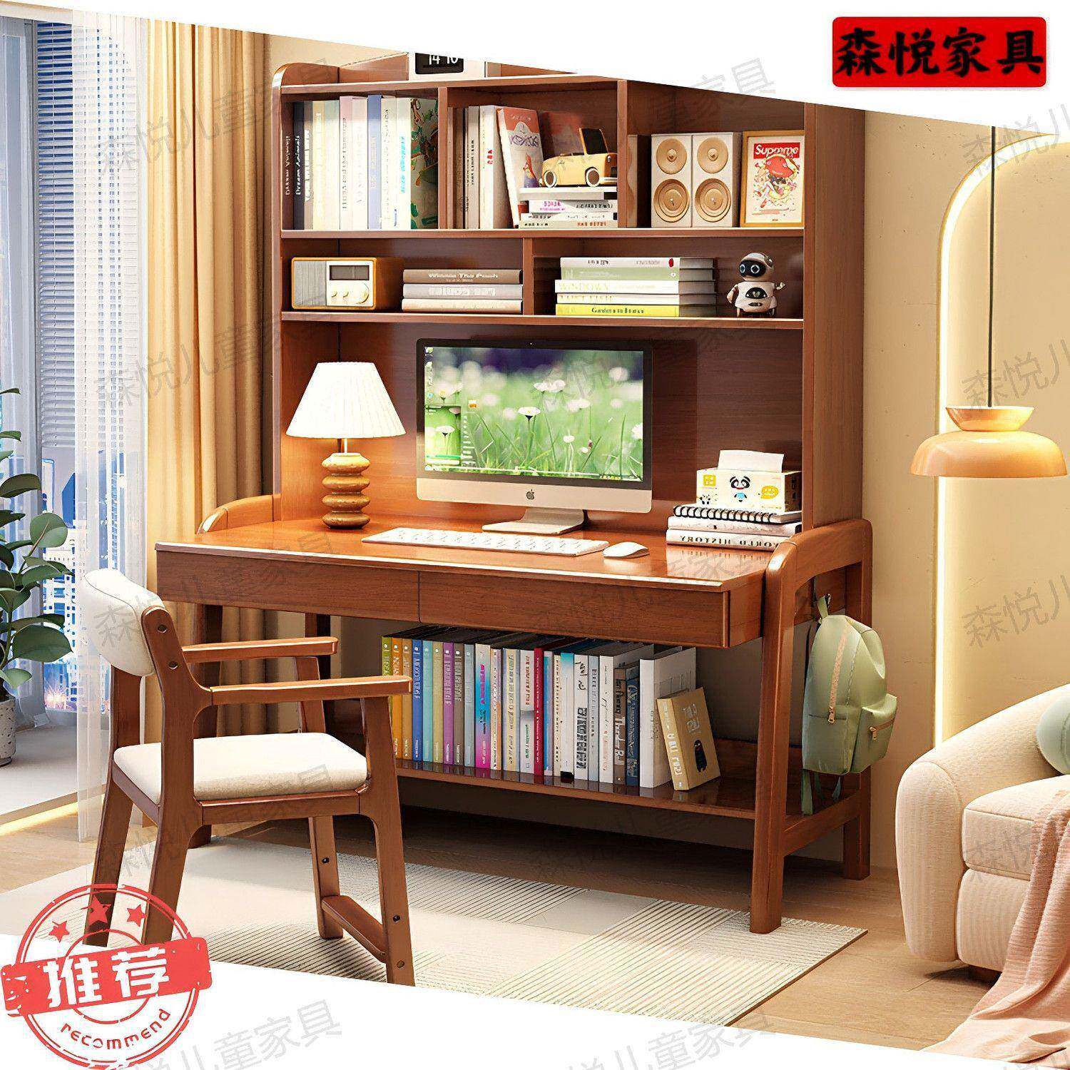 实木书桌书架一体可升降学习桌简约家用台式电脑桌卧室学生写字桌