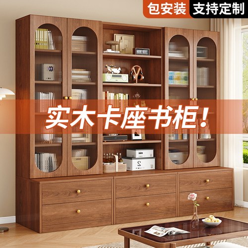 实木书柜一体整墙客厅卡座展示柜子落地组合家用复古简约卧室书架