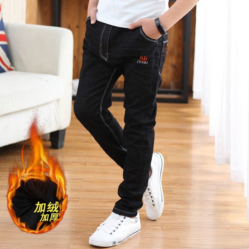 冬装14男童裤子加绒加厚5牛仔裤八小男孩棉裤9外穿中大童7加棉6岁