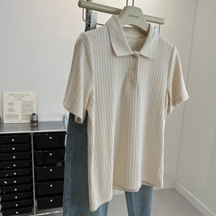 温柔复古短袖polo衫短袖女~麦穗显瘦弹力针织t恤2024夏季新款学生