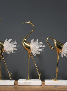 纯铜轻奢水晶仙鹤摆件样板房客厅电视柜桌面玄关摆设家居装饰品