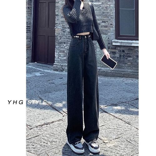 加绒加厚直筒牛仔裤女冬季2024年新款高腰窄版阔腿裤显瘦宽松裤子