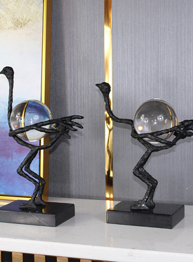 玄关电视柜金属鸵鸟动物摆设客厅创意桌面摆件别墅样板间软装饰品