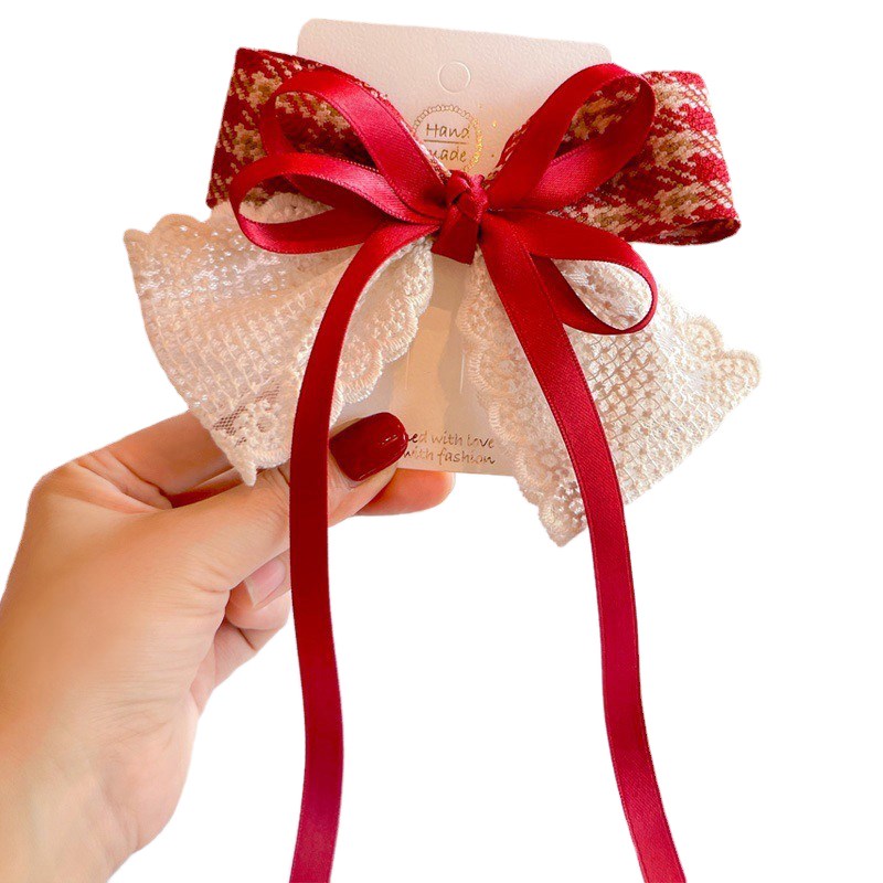 儿童头花公主发饰女童超大蕾丝蝴蝶结飘带发夹小姑娘格子顶夹彩色