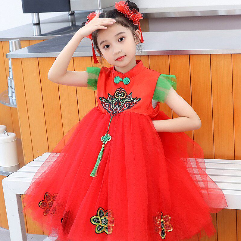 儿童演出服女童开场舞合唱喜庆连衣裙表演服幼儿梦娃舞蹈蓬蓬纱裙