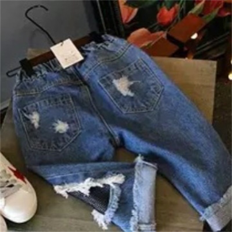 春秋新款童装乞丐裤子女童破洞牛仔裤男童网眼宽松宝宝儿童九分裤