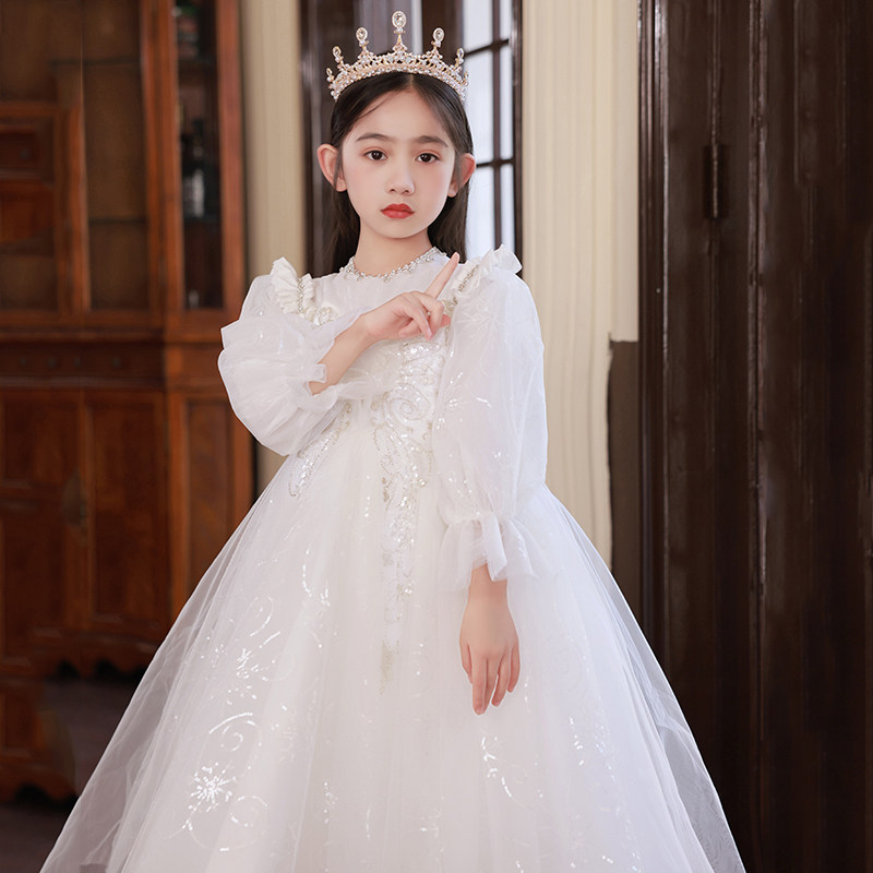 女童礼服高端秋冬季主持人钢琴演奏花童婚礼小女孩白色儿童公主裙