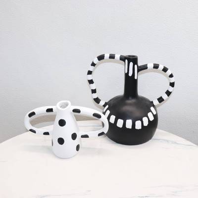 北欧简意黑白波点花器树脂摆件样房家居创玄关客厅约板花瓶DSF装
