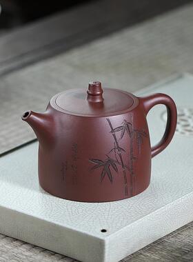 现兴原矿紫泥宜泡茶壶货101042竹纯手工刻绘汉全铎壶紫砂壶