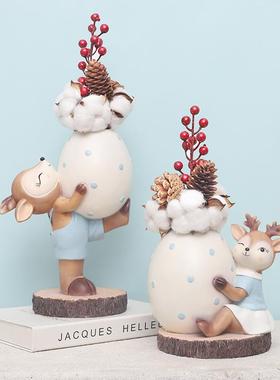 悠然见家居创桌面装儿饰彩蛋花俏皮小鹿卧室童房摆件意REF2H0盆干