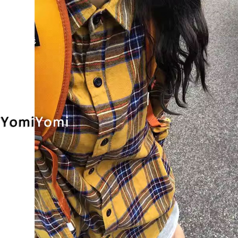 港风复古黄色格子衬衫女春秋大码胖MM宽松休闲高级感防晒衬衣外套