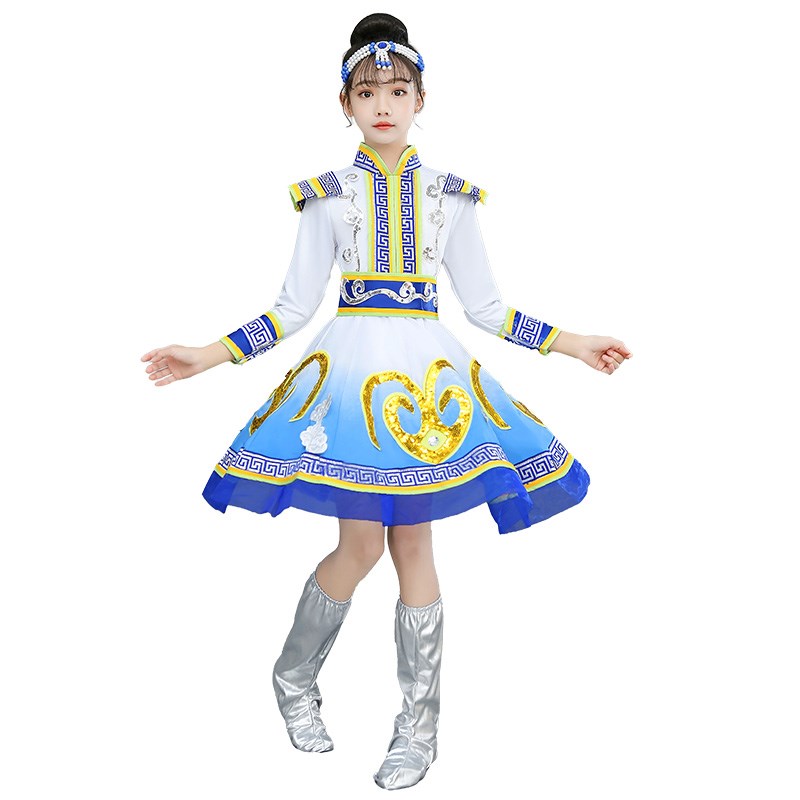 儿童蒙古演出服男女孩民族服装蒙古族舞蹈服幼儿蒙古袍藏族表演服