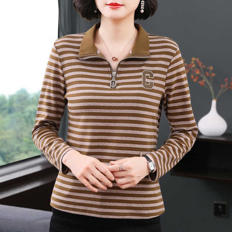 条纹长袖t恤女 2024新款秋衣外穿大码上衣中老年人妈妈翻领打底衫