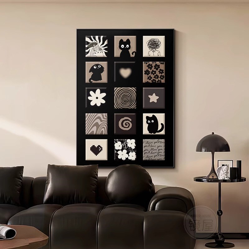 复古趣味客厅装饰画猫咪中古风沙发背景墙挂画小众艺术玄关墙壁画