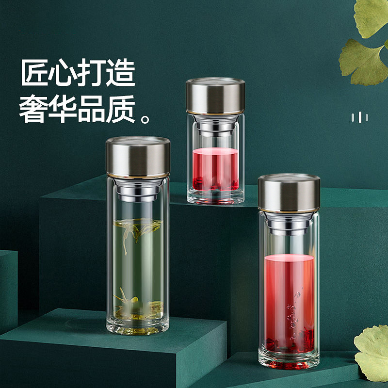 水中神双层玻璃杯精品泡茶杯耐热加厚茶杯便携车载杯商务杯男水杯