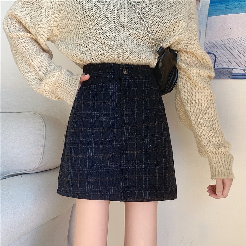 大码格子包臀半身裙女呢子复古显瘦a字裙子秋冬胖mm毛呢短裙200斤
